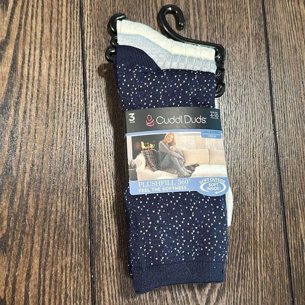 Cuddl Duds Plushfill Crew Socks 3-Pack NEW Navy Grey White Warm Cozy Size 4-10